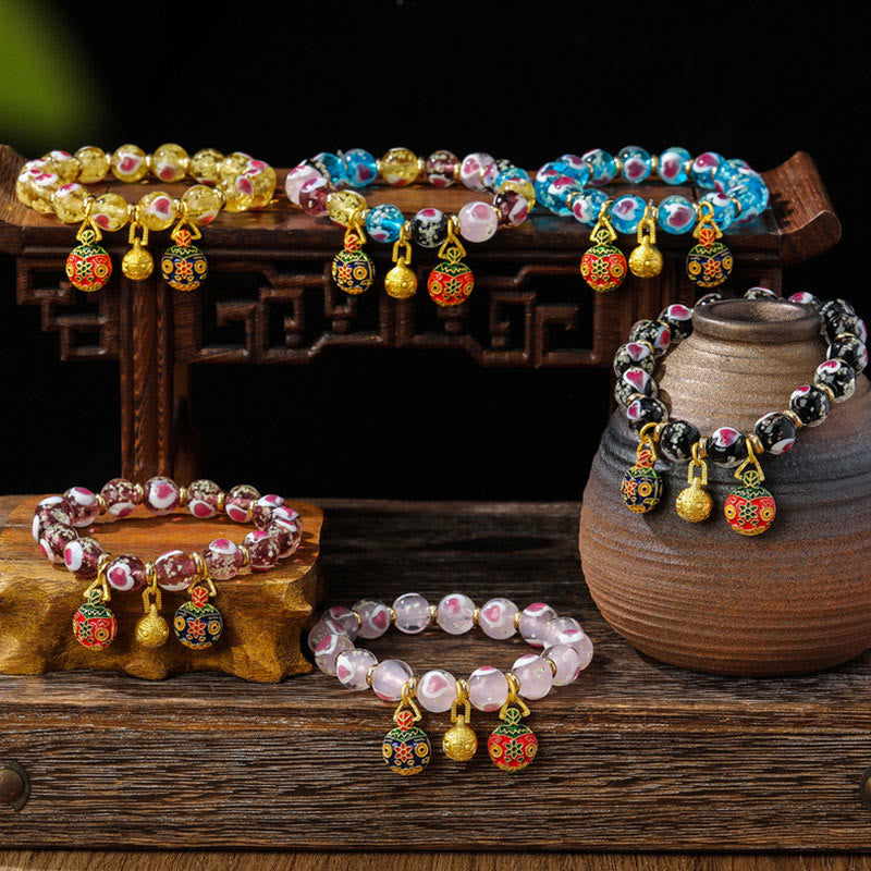 Gold Swallowing Beast Family Pink Love Heart Luminous Fluorescent Liuli Glass Bead Bracelet