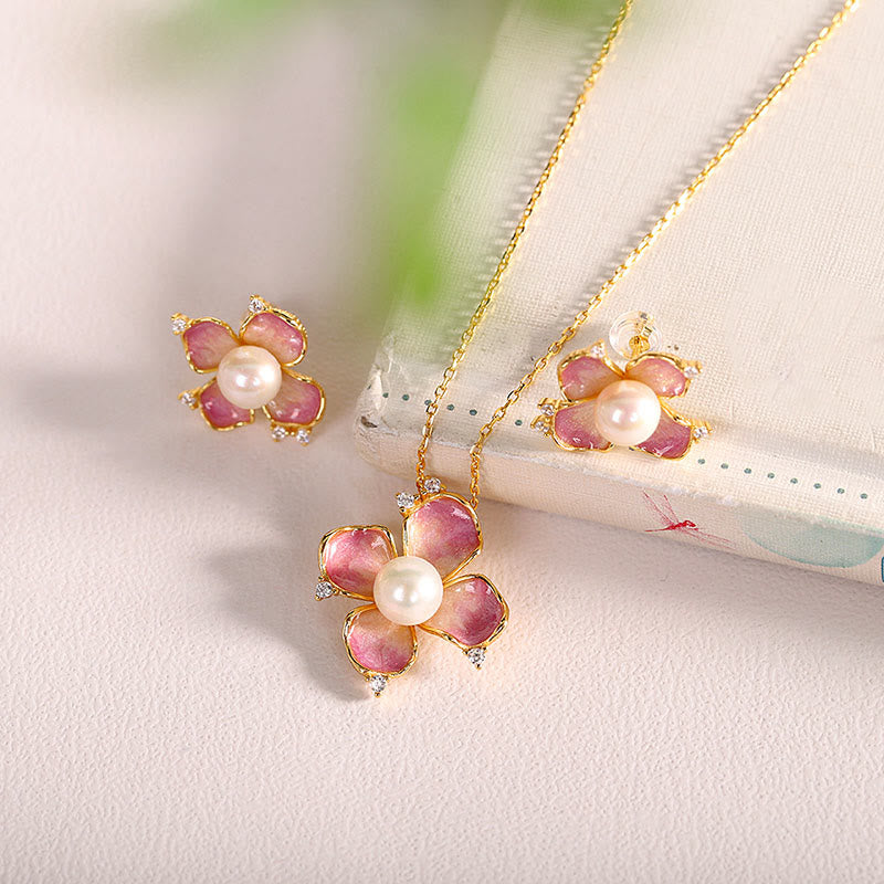 925 Sterling Silver Pearl Red Flower Petals Design Wisdom Necklace Pendant Earrings Set