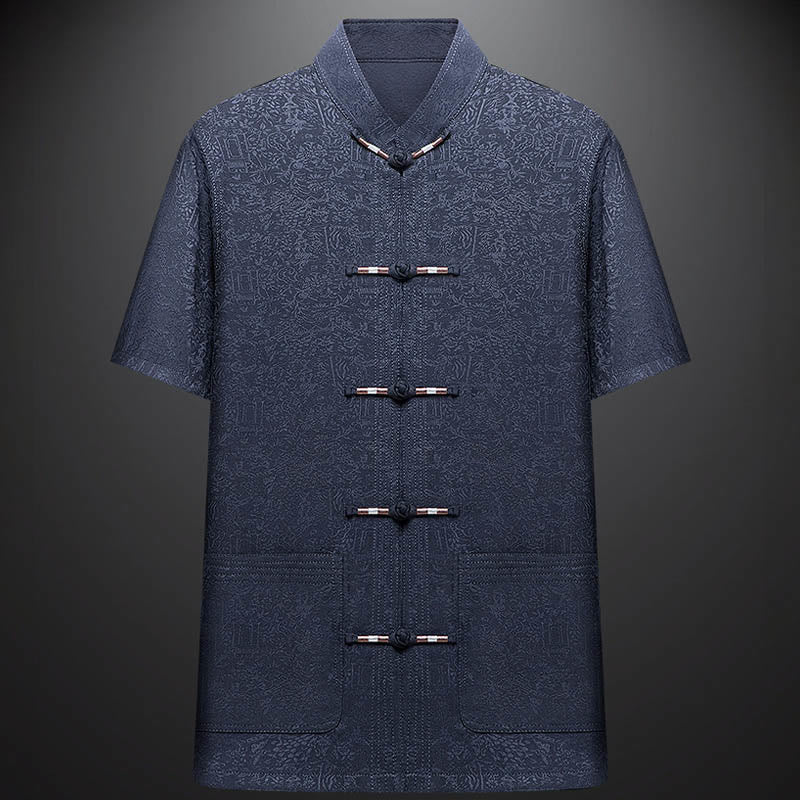 Along the River During the Qingming Festival Pattern Traditional Tang Suit Short Sleeve Shirt Pants Clothing Men's Set
