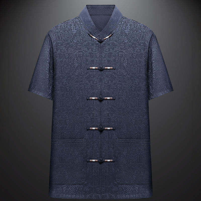 Along the River During the Qingming Festival Pattern Traditional Tang Suit Short Sleeve Shirt Pants Clothing Men's Set