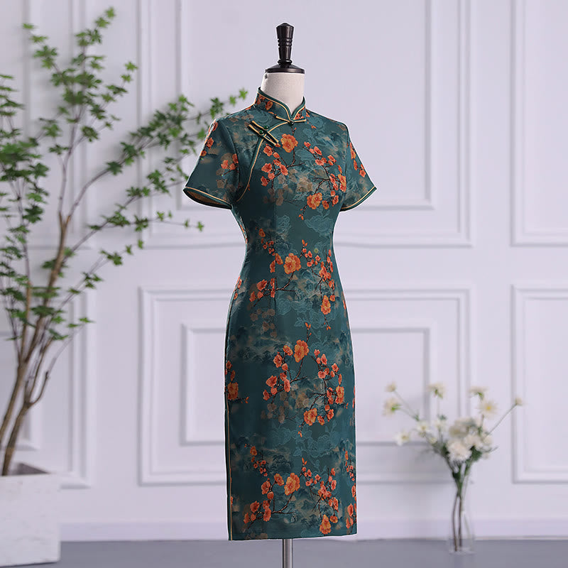 Retro Flower Lotus Peony Feather Print Qipao Dress Women's Cheongsam Dress