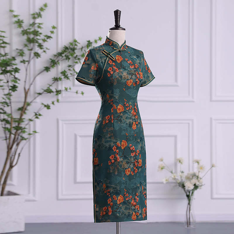 Retro Flower Lotus Peony Feather Print Qipao Dress Women's Cheongsam Dress