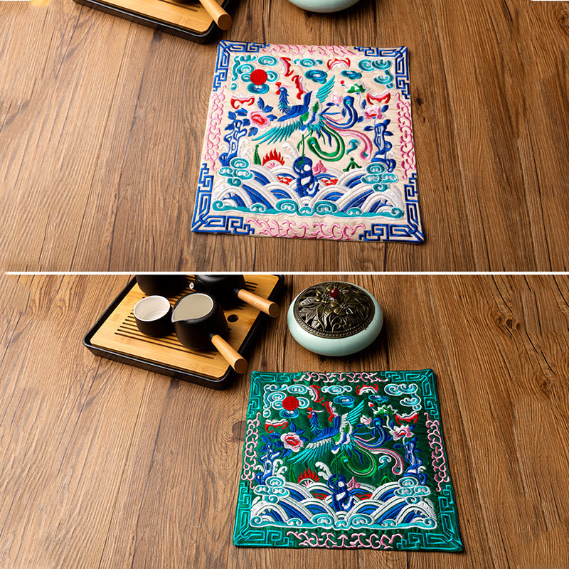 Phoenix Dragon Kirin Embroidery Cup Mat Pad Tea Cup Coaster Kung Fu Tea Mat