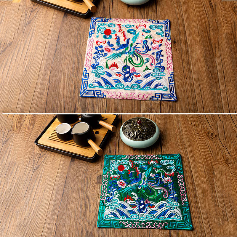 Phoenix Dragon Kirin Embroidery Cup Mat Pad Tea Cup Coaster Kung Fu Tea Mat