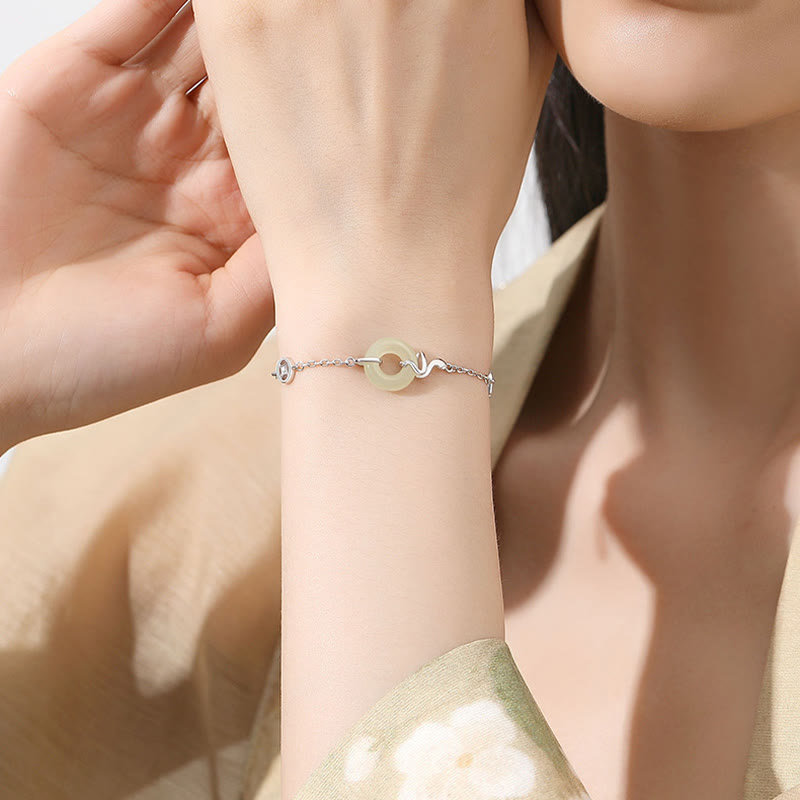 925 Sterling Silver Hetian Jade Peace Buckle Year Of The Snake Luck Bracelet