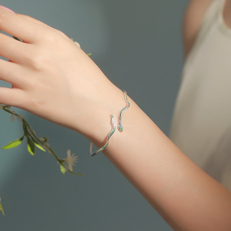 925 Sterling Silver Green Snake Enamel Craft Year Of The Snake Calm Cuff Bracelet Bangle