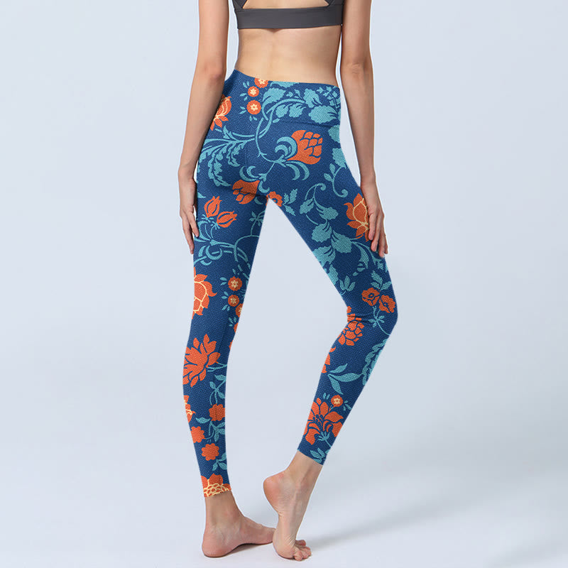 Steel Blue Red Tulips Flowers Leaves Print Gym Leggings Women's Yoga Pants