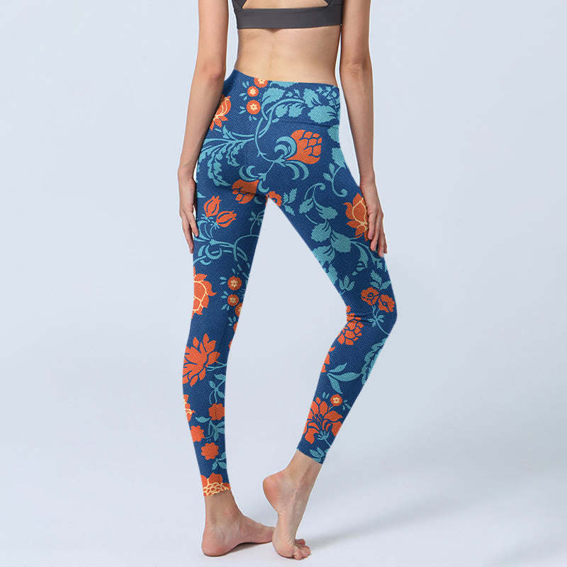 Steel Blue Red Tulips Flowers Leaves Print Gym Leggings Women's Yoga Pants