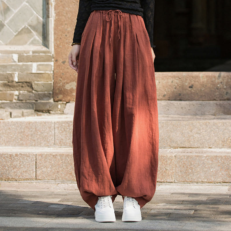Casual Plain Loose Waist Tie Rope Women's Ramie Cotton Pants With Pockets