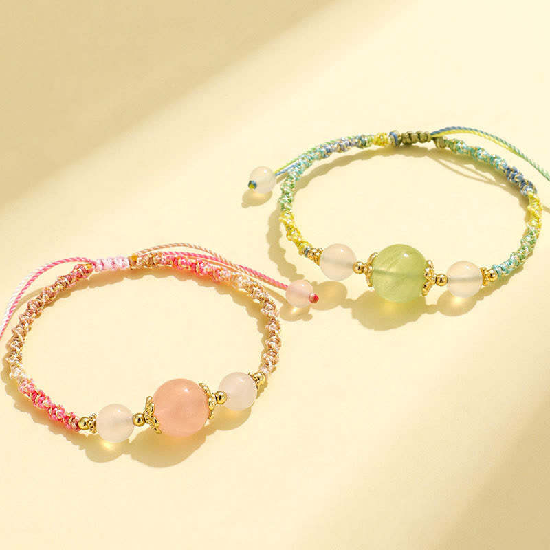 Strawberry Quartz Pink Crystal Prehnite White Agate Bead Healing Rope Bracelet