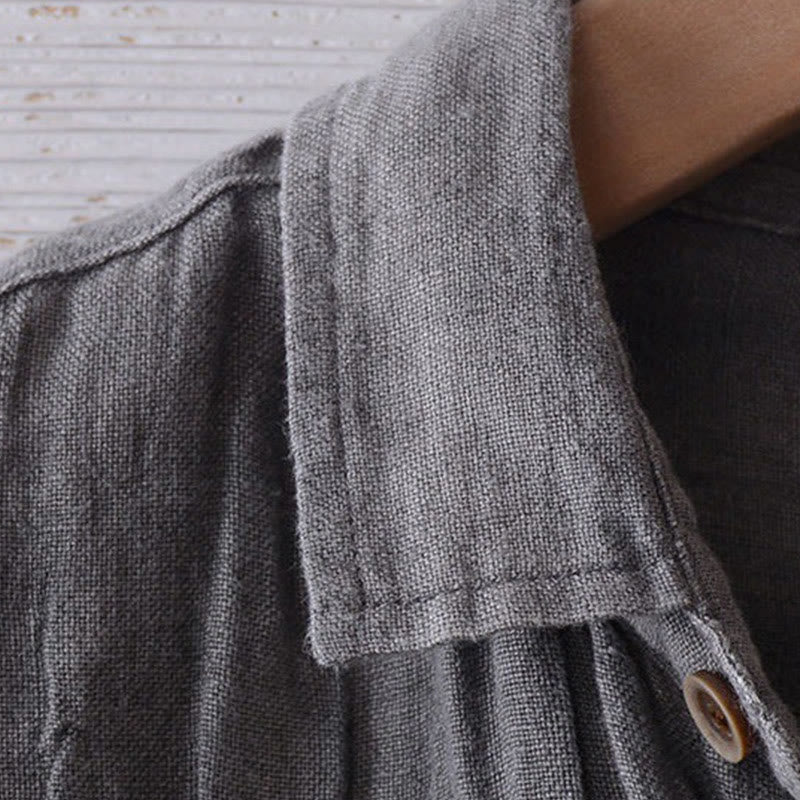 Men's Shirt Solid Color Lapel Top Short Sleeve Comfy Button Crease Linen Shirt