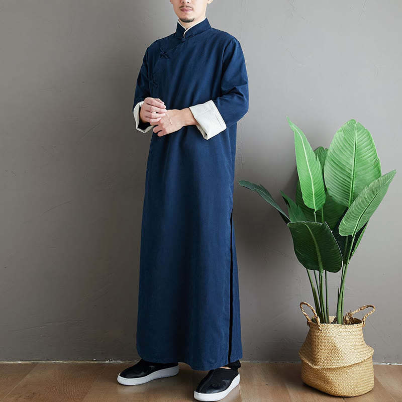 Fall Solid Color Chinese Frog-Button Cotton Men's Tang Suit Robe