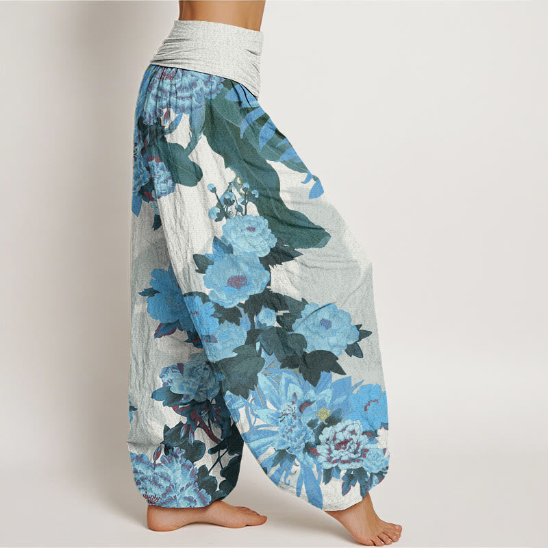 Casual Peony Lotus Leaves Pattern Women's Elastic Waist Harem Pants