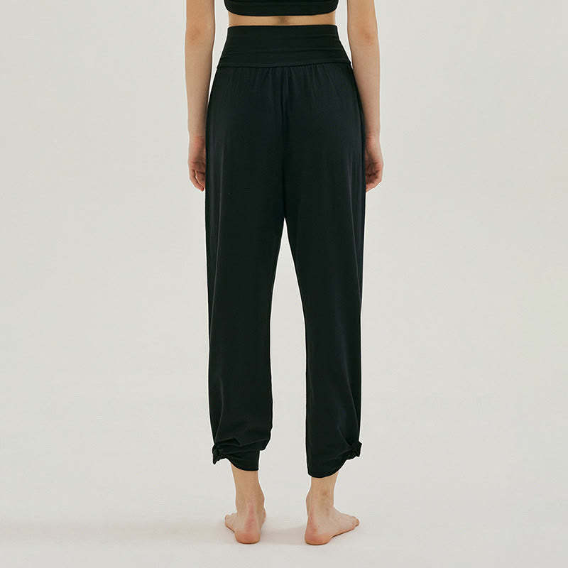 Casual Loose Tie-down Hem Plain High Waist Women's Leica Pants With Pockets