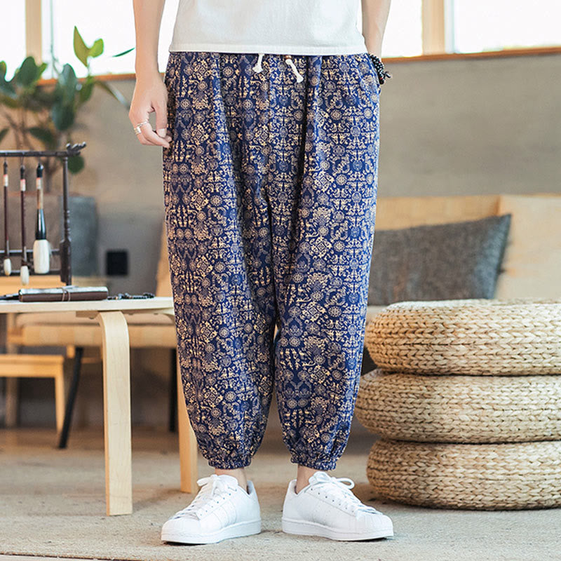Golden Mandala Pattern Cotton Linen Drawstring Men's Harem Pants With Pockets