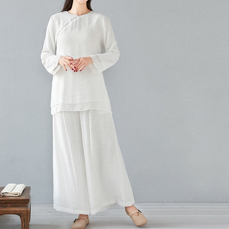 2Pcs Three Quarter Sleeve Long Sleeve Shirt Wide Leg Pants Meditation Cotton Linen Clothing Women's Set