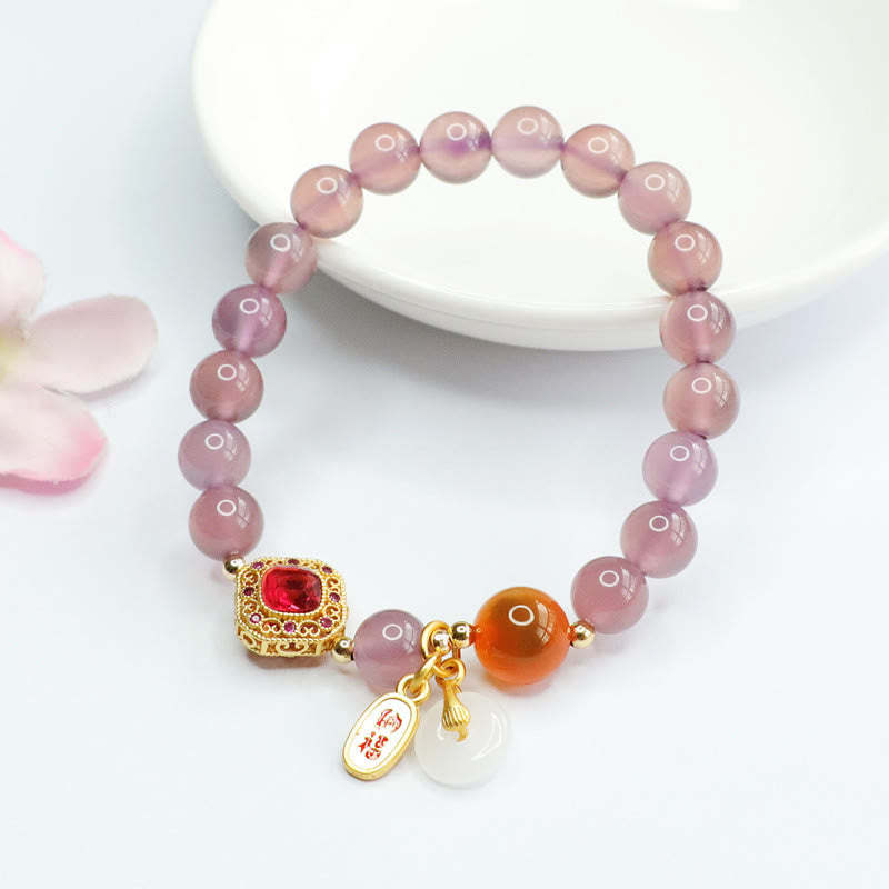 Natural Purple Chalcedony Candy Agate Peace Buckle Harmony Lucky Fortune Charm Bracelet