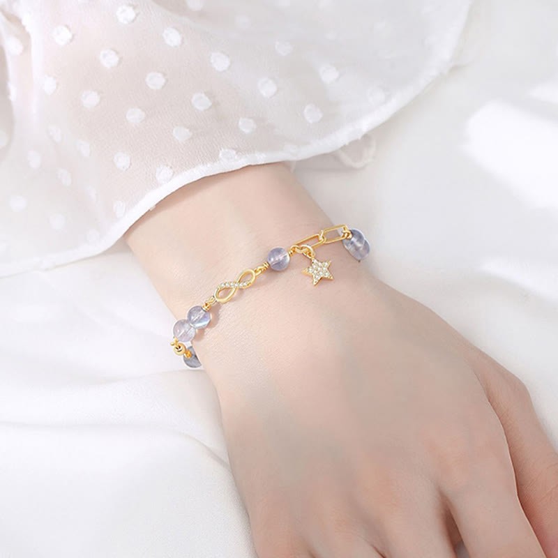 14K Gold Plated Natural Strawberry Quartz Moonstone M?bius Loop Eternal Love Star Positive Bracelet