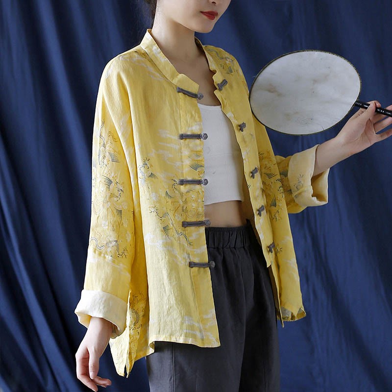 Yellow Phoenix Print Frog-button Design Long Sleeve Ramie Linen Jacket Shirt