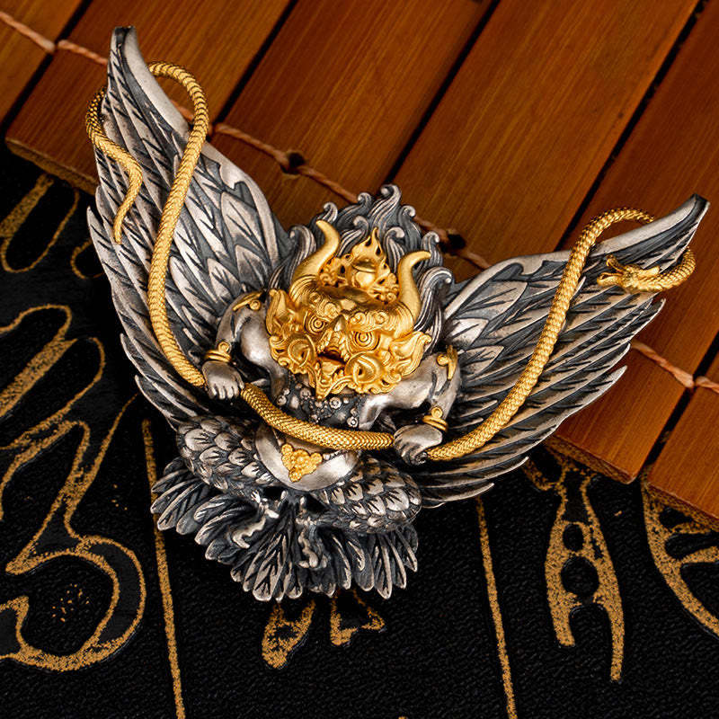 925 Sterling Silver Tibetan Garuda Bird Dragon Snake Wisdom Necklace Pendant