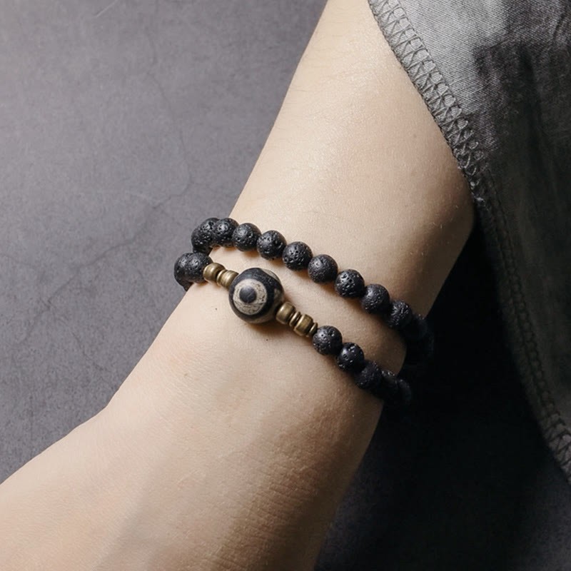 Vintage Lava Rock Three-eyed Dzi Bead Copper Brass Beads Double Wrap Healing Bracelet