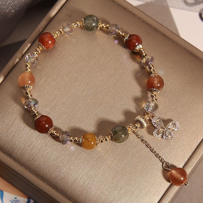 Natural Fu Lu Shou Rainbow Crystal Rutilated Quartz Wealth Butterfly Charm Bracelet