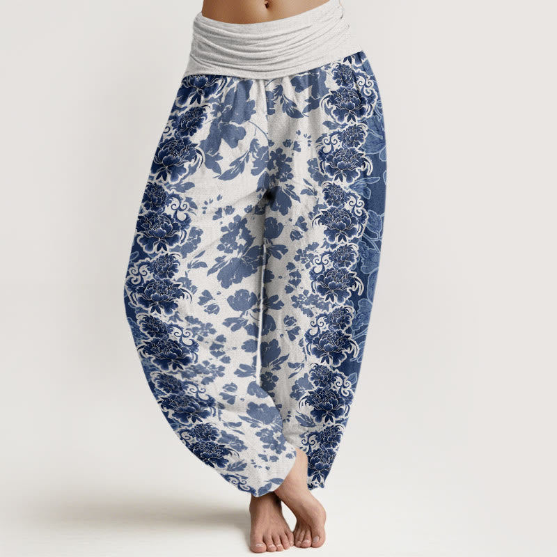 Peony Totem Pattern Women's Elastic Waist Harem Pants