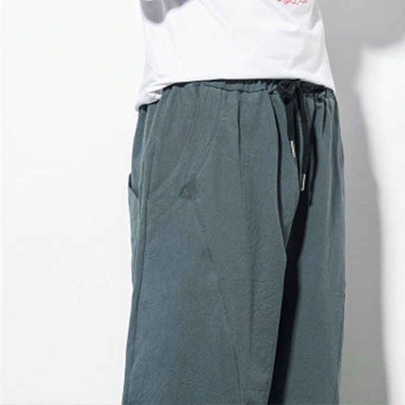 Casual Men's Solid Color Linen Drawstring Pants With Pockets