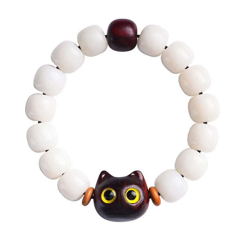 Natural Bodhi Seed Small Leaf Red Sandalwood Ebony Wood Cute Lucky Cat Wisdom Bracelet