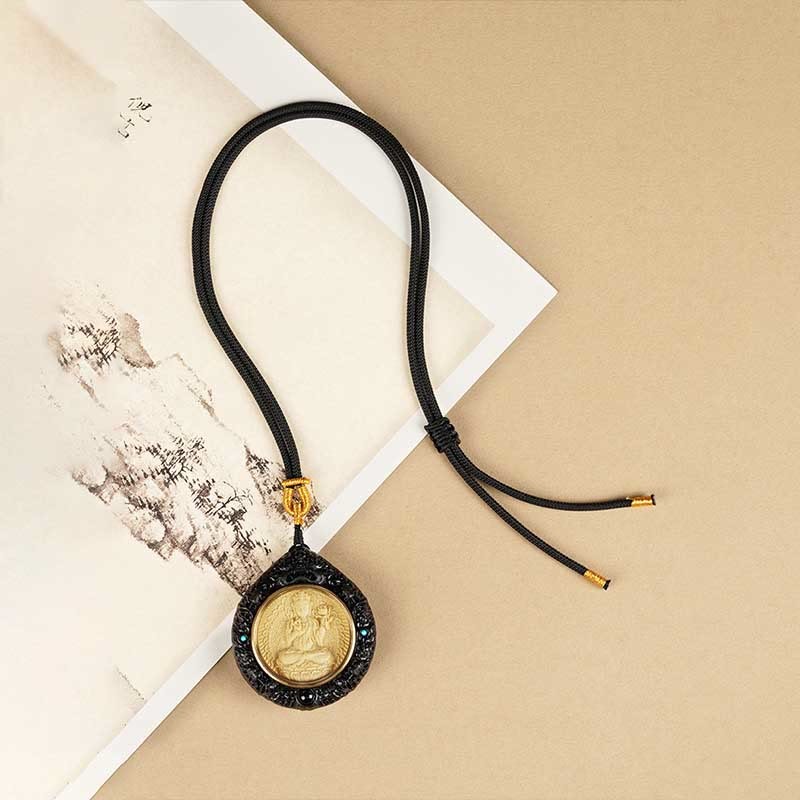 Chinese Zodiac Avalokitesvara Small Leaf Red Sandalwood Ebony Longevity Necklace Pendant