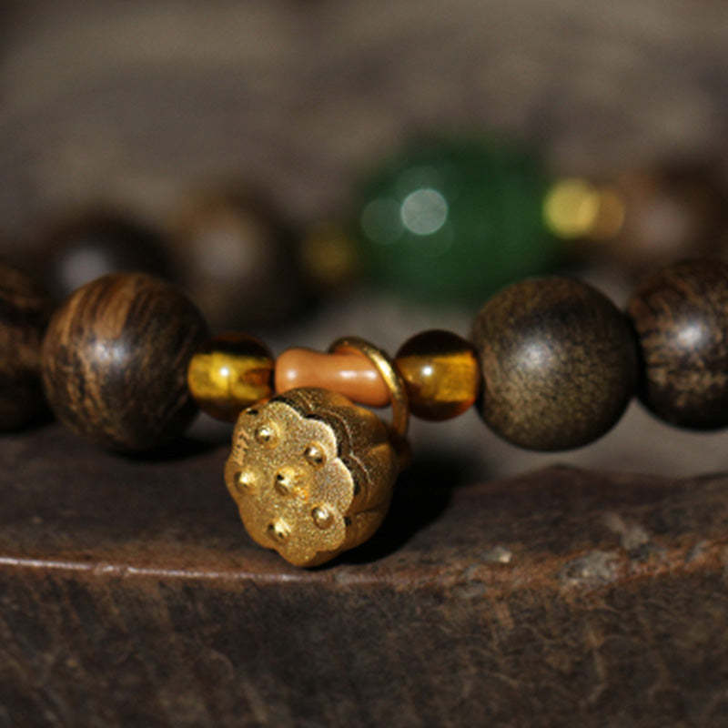 999 Gold Brunei Agarwood Cyan Jade Lotus Flower Peace Strength Bracelet