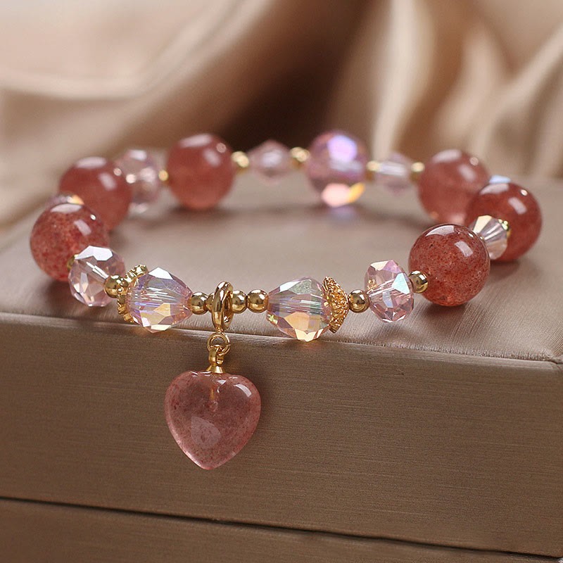 Natural Strawberry Quartz Crystal Love Heart Healing Positive Bracelet