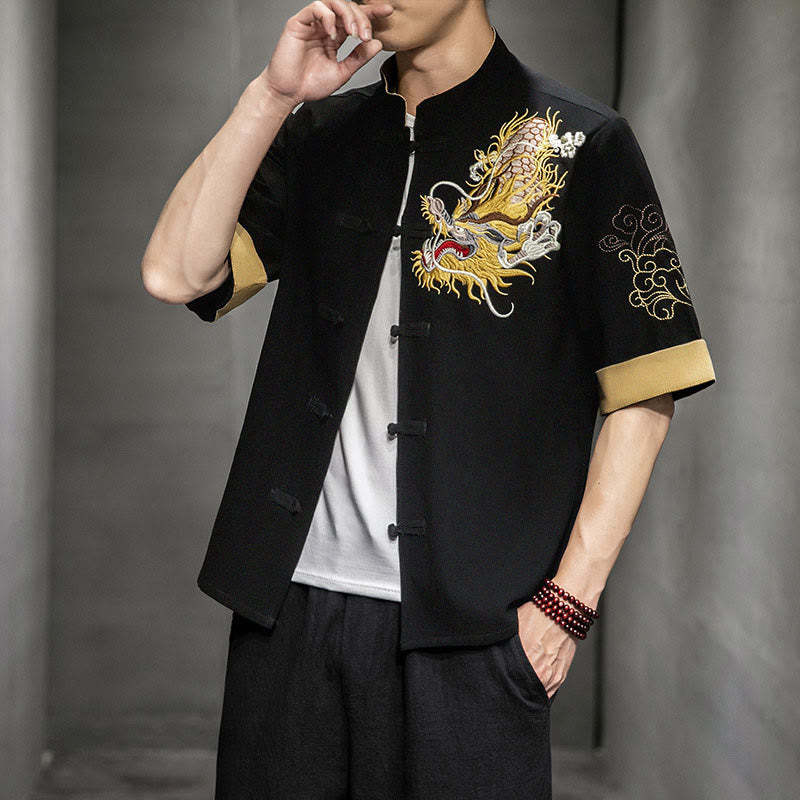 Frog-Button Chinese Dragon Auspicious Cloud Embroidery Half Sleeve Shirt Cotton Linen Men Clothing