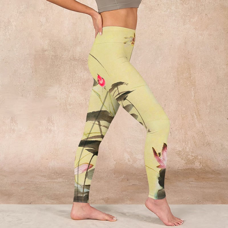 Pink Blooming And Unbloomed Lotus Print Gym Leggings Women's Yoga Pants