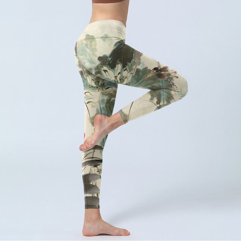 Lotus Bamboo Leaves Print Gym Leggings Women's Yoga Pants