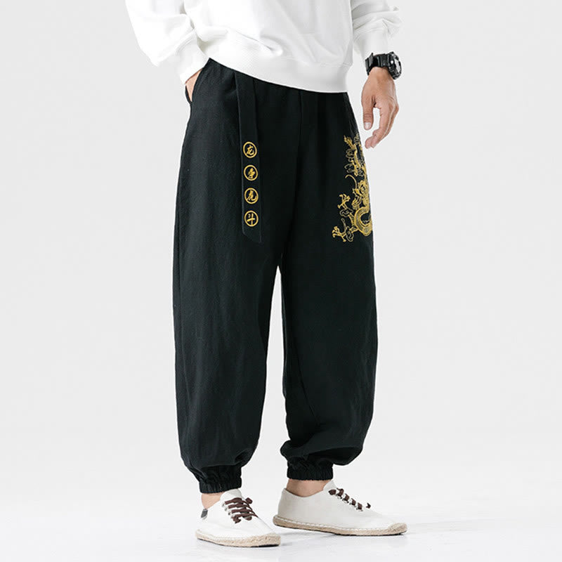 Auspicious Clouds Dragon Cotton Men's Pants With Pockets