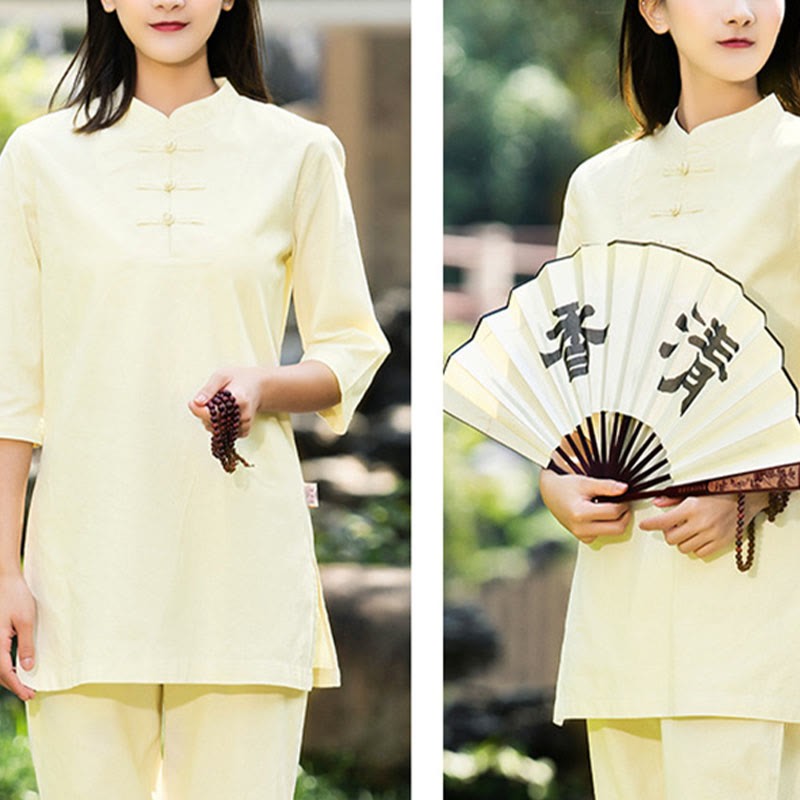 2Pcs Half Sleeve Shirt Top Pants Meditation Zen Tai Chi Cotton Linen Clothing Women's Set
