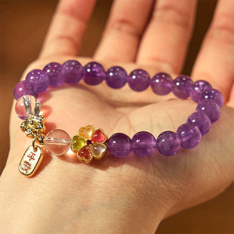 Natural Amethyst White Crystal Flower Healing Safe And Well Charm Bracelet