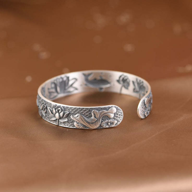 999 Sterling Silver Luck Koi Fish Lotus Wealth Bracelet Bangle