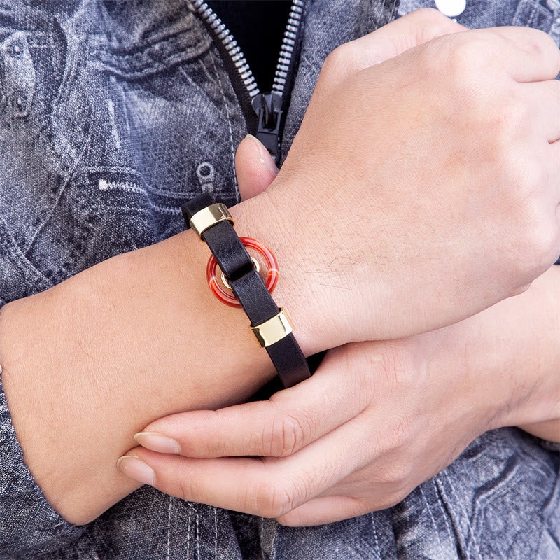 Round Green Aventurine Black Onyx Hematite Agate Rose Quartz Stone Balance Leather Magnetic Buckle Bracelet