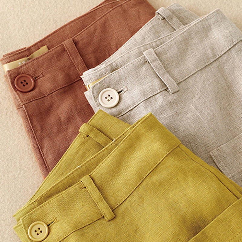 Summer Simple Design Ankle-Length Cotton Linen Women's Wide Leg Pants With Pockets Zipper