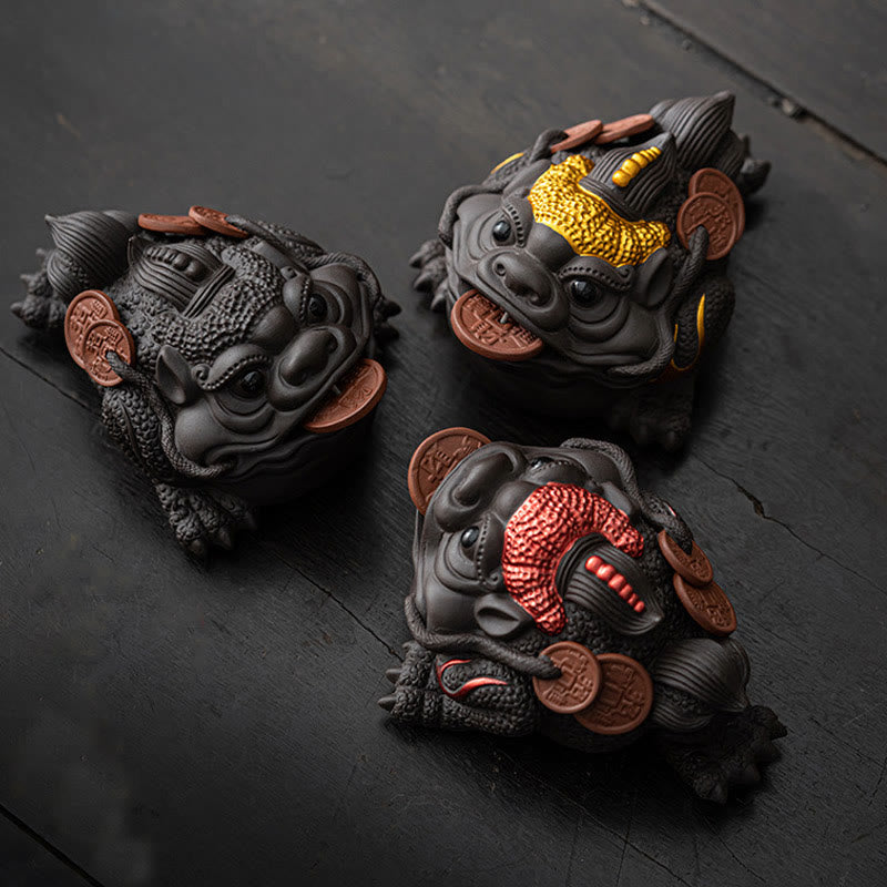 Feng Shui Frog Toad Copper Coins Ceramic Purple Clay Wealth Home Tea Pet Figurine Decoration