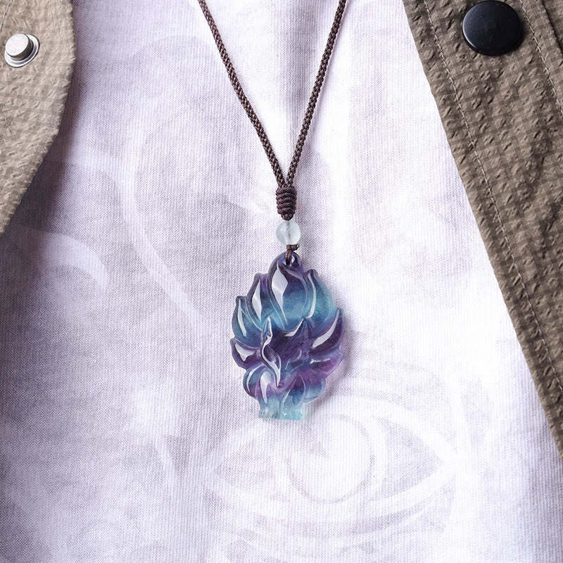 Natural Fluorite Gold Sheen Obsidian Fox Pendant Protection Necklace