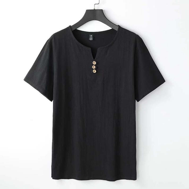 Solid Color V-neck Three Top Buttons Short Sleeve Cotton?linen Men's Shirt