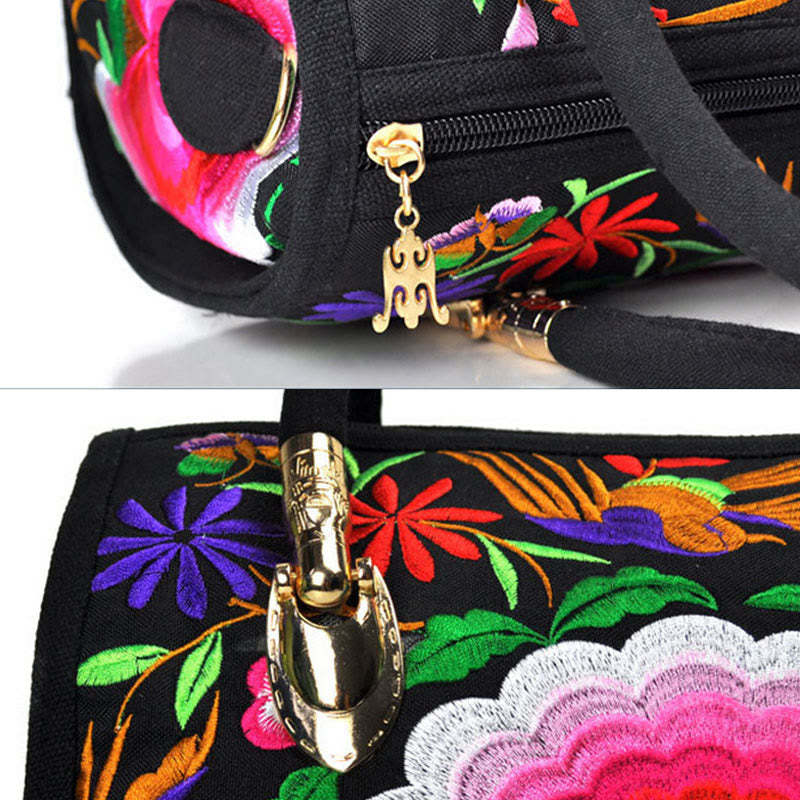 Money Tree Peony Camellia Double-Sided Embroidery Canvas Shopping Purse Handbag Crossbody Bag