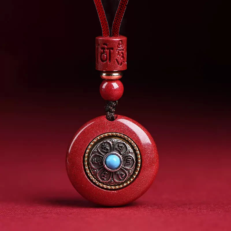 Natural Cinnabar Six True Words 'Om Mani Padme Hum' Braided String Blessing Key Chain Necklace Pendant