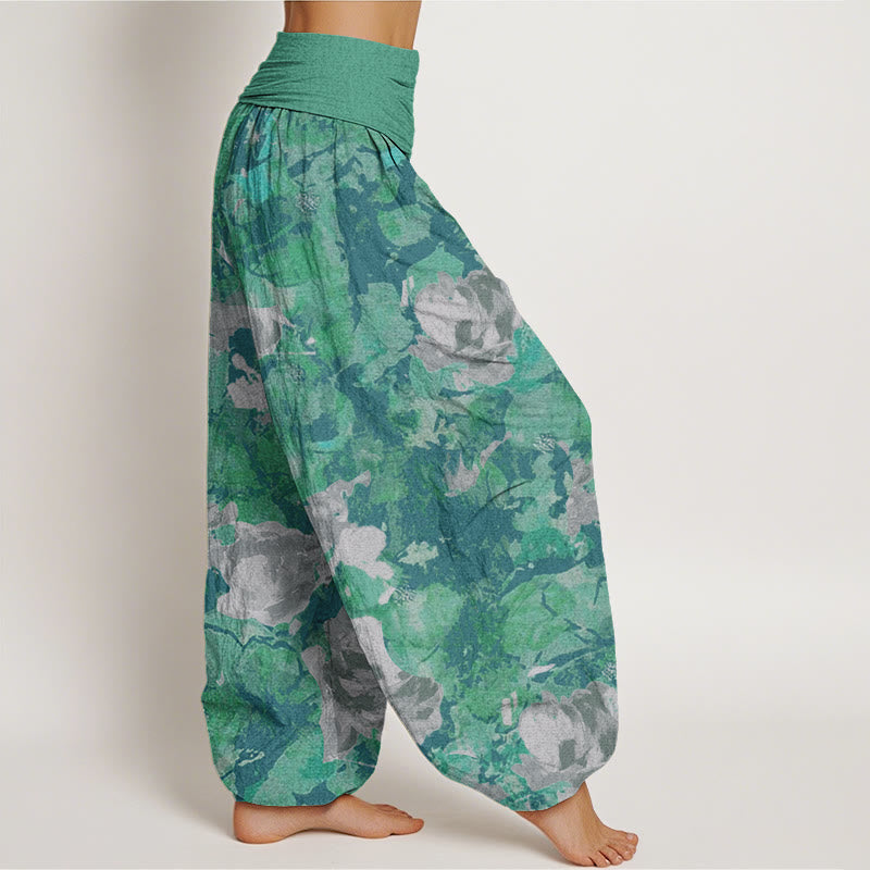 Rose Flowers Pattern Women's Elastic Waist Harem Pants