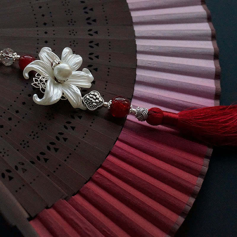 Red Lily Tassel Hollow Rib Silk Handheld Bamboo Folding Fan