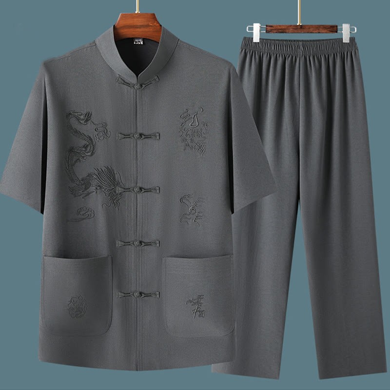 Tang Suit Hanfu Chinese Dragon Traditional Kung Fu Uniform Short Sleeve Tops and Pants Clothing Men's Set