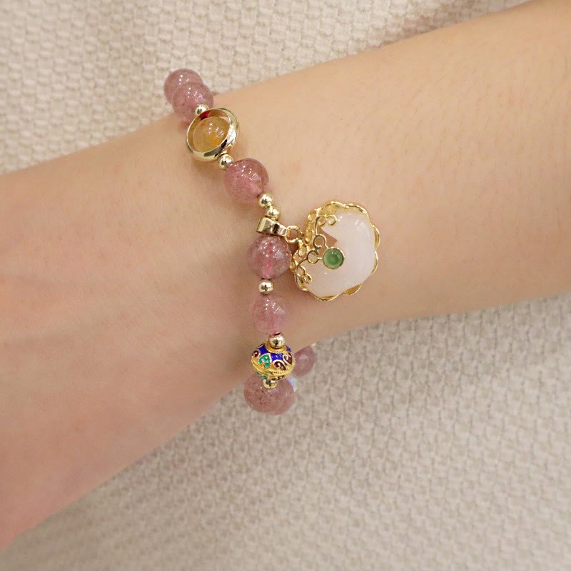 Strawberry Quartz Green Crystal Amethyst Healing Chinese Lock Charm Bracelet